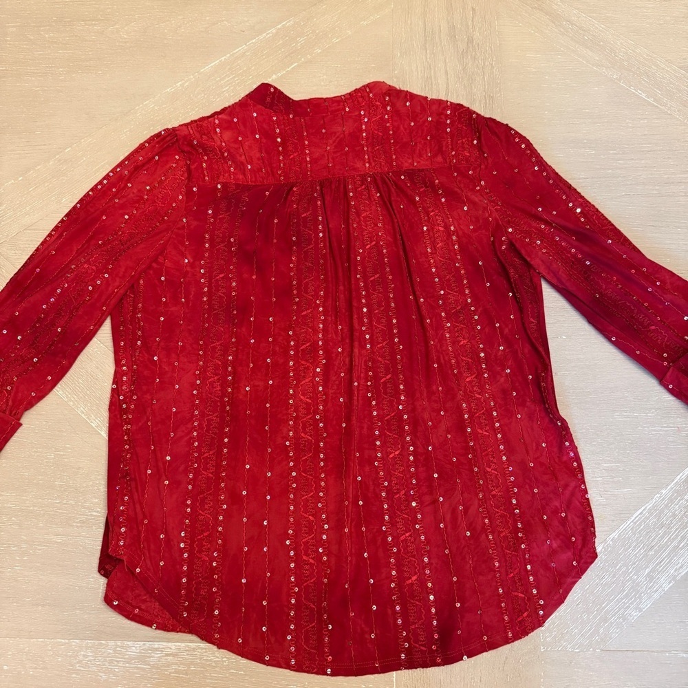 Red 3/4 Sleeve Blouse with Mandarin Collar Sequins Holiday - Picture 9 of 9